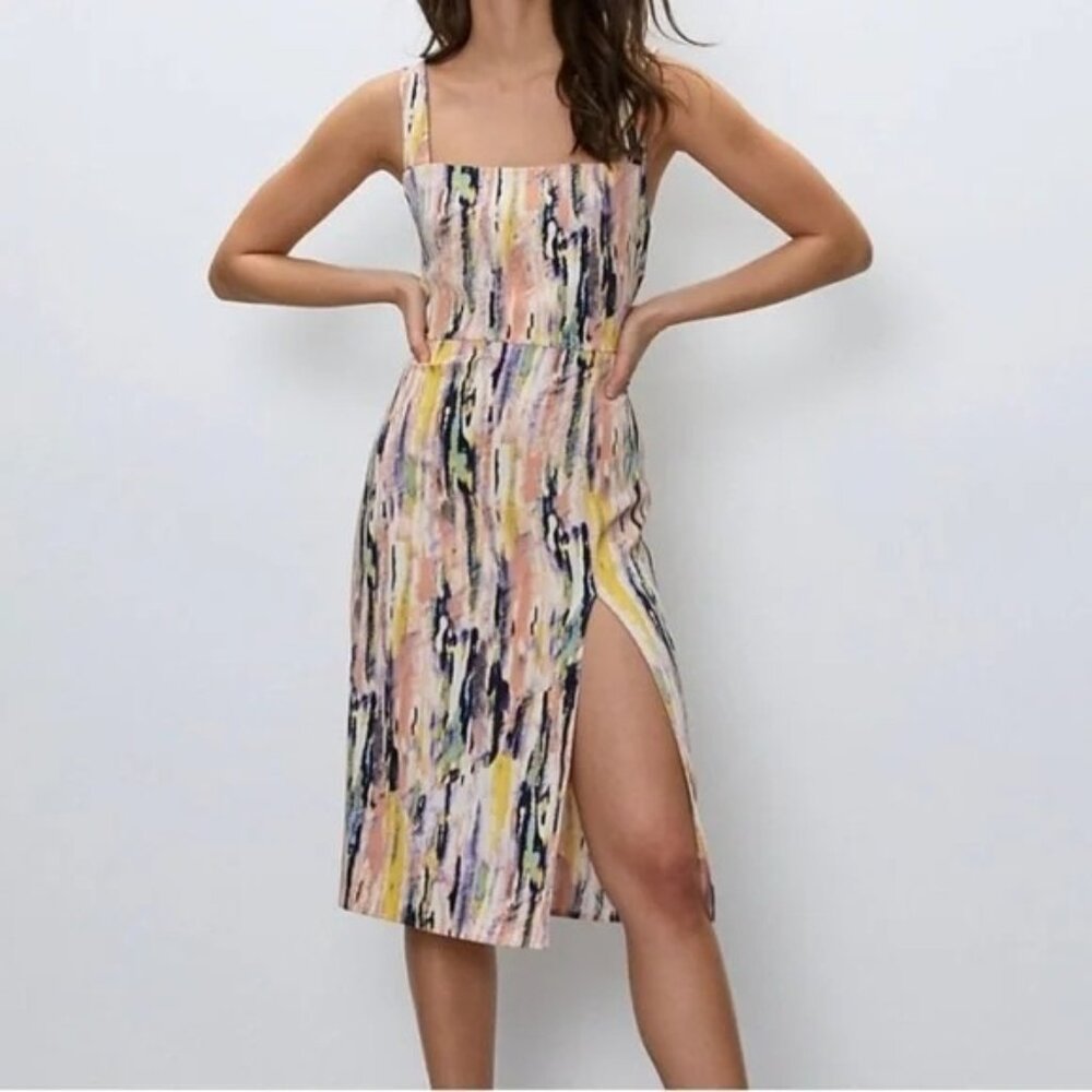 Aritzia Babaton Avenir Square Neck Sleeveless Midi Dress size 4 Watercolors Thig